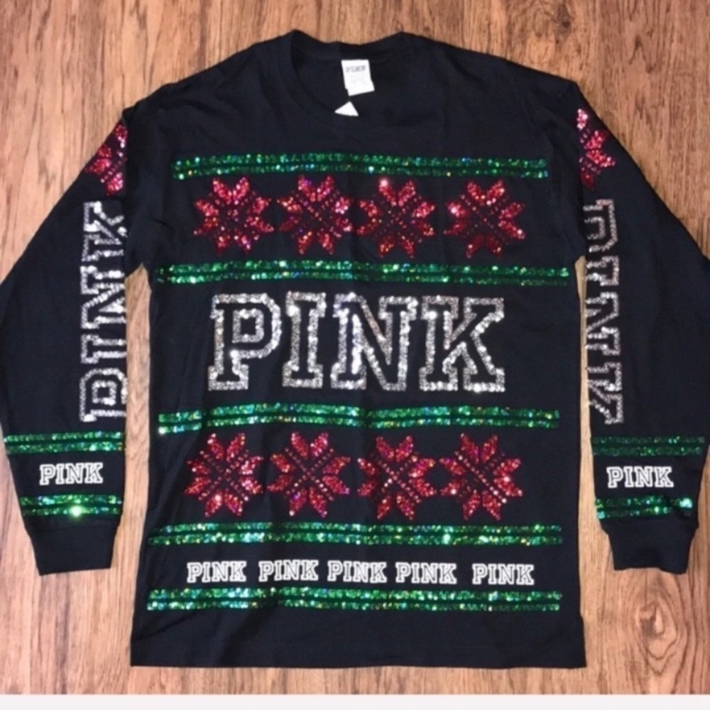 VS PINK Holiday Sequin Bling Long Sleeve Top
